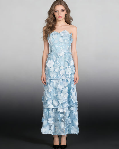 Blue 3D Floral Strapless Tiered Maxi Dress
