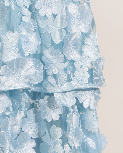 Blue 3D Floral Strapless Tiered Maxi Dress