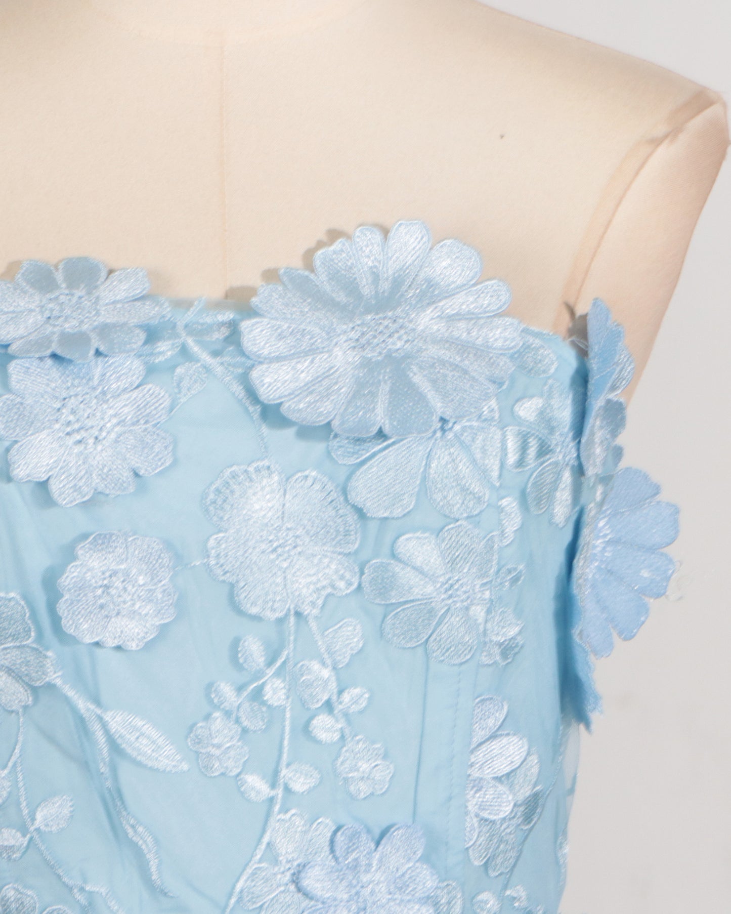 Blue 3D Floral Strapless Tiered Maxi Dress