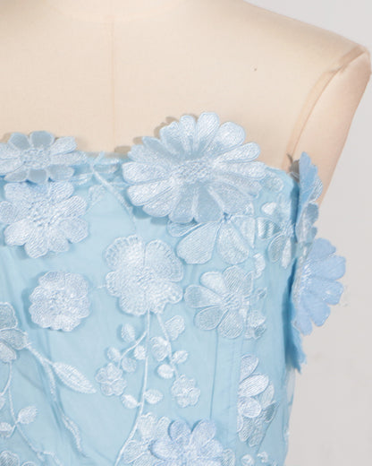 Blue 3D Floral Strapless Tiered Maxi Dress
