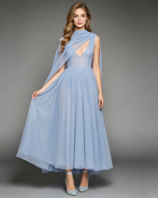 Blue Asymmetrical Cape Ruched Tunic Maxi Dress
