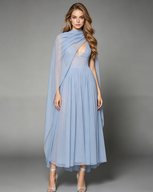 Blue Asymmetrical Cape Ruched Tunic Maxi Dress