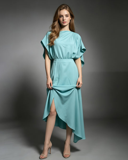 Blue Batwing Sleeve Metal Button Fitted Midi Dress