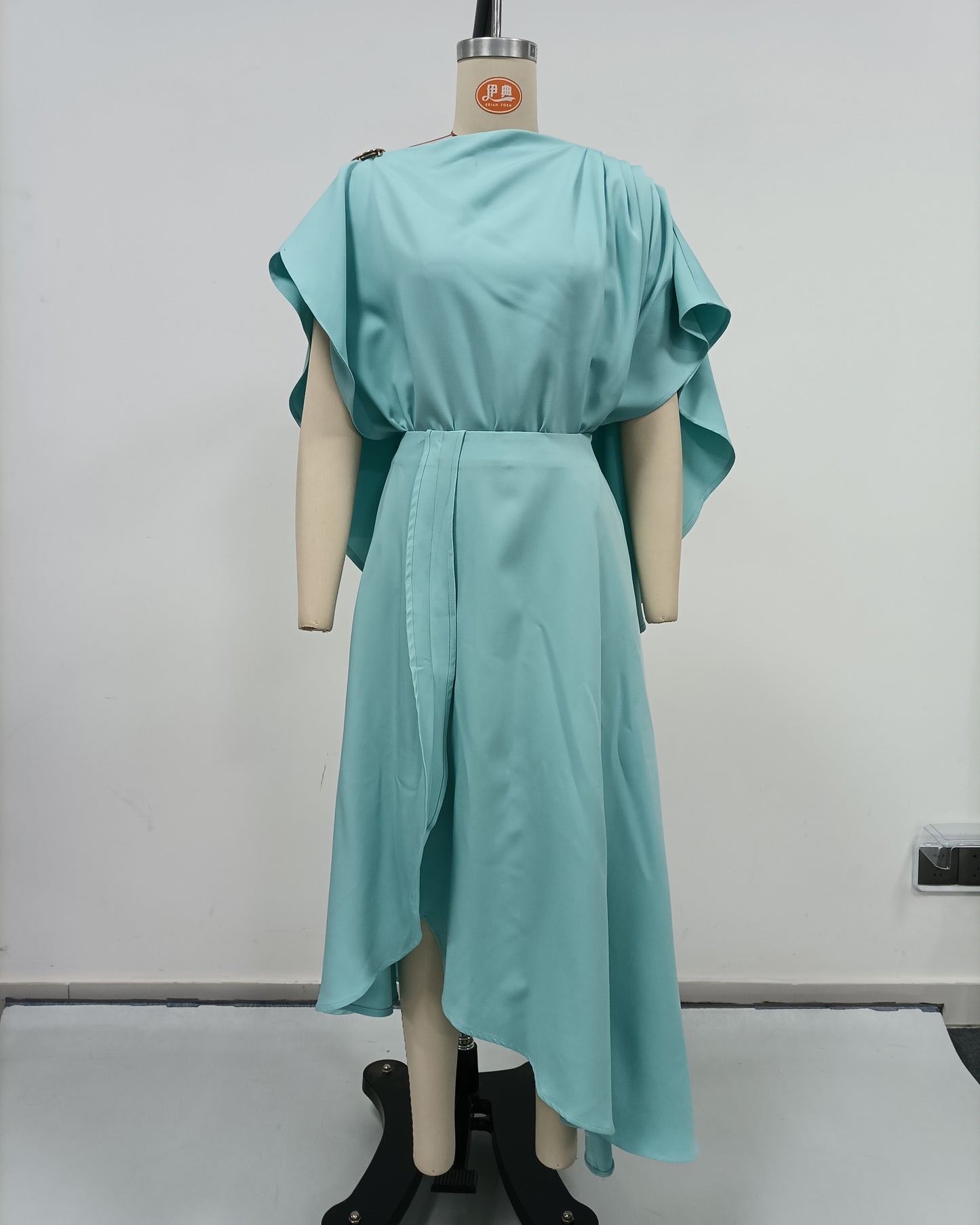 Blue Batwing Sleeve Metal Button Fitted Midi Dress