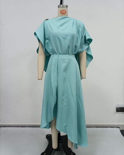 Blue Batwing Sleeve Metal Button Fitted Midi Dress