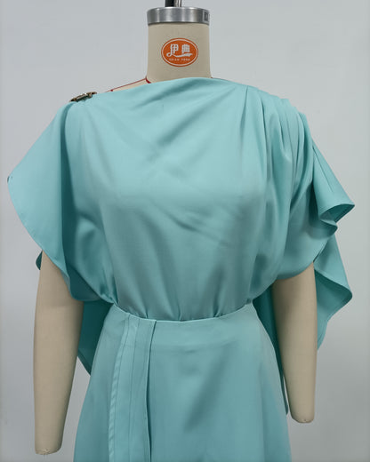 Blue Batwing Sleeve Metal Button Fitted Midi Dress