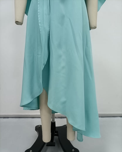 Blue Batwing Sleeve Metal Button Fitted Midi Dress