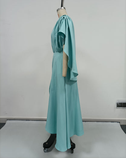 Blue Batwing Sleeve Metal Button Fitted Midi Dress