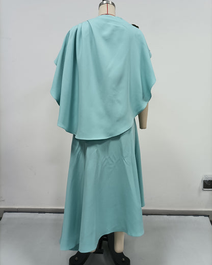 Blue Batwing Sleeve Metal Button Fitted Midi Dress