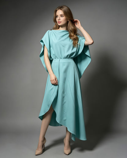 Blue Batwing Sleeve Metal Button Fitted Midi Dress
