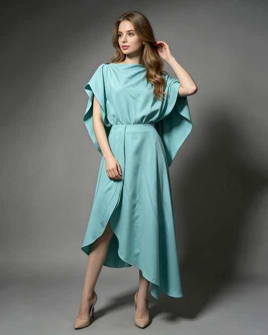 Blue Batwing Sleeve Metal Button Fitted Midi Dress