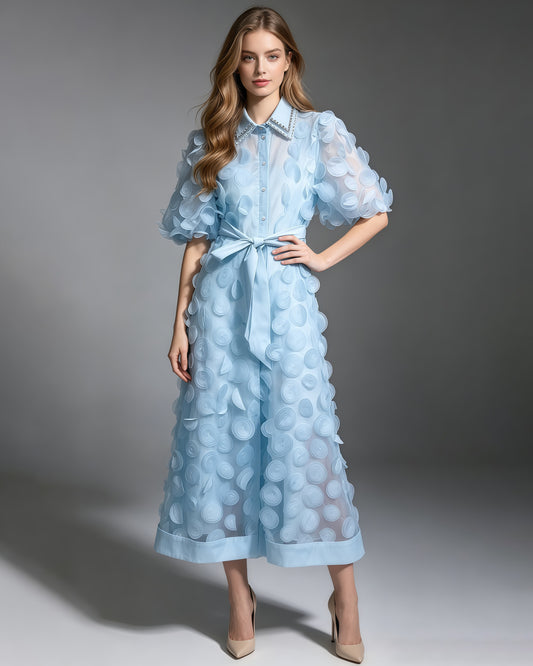Blue Beaded Lapel Tunic Belted Maxi Shirt Dress
