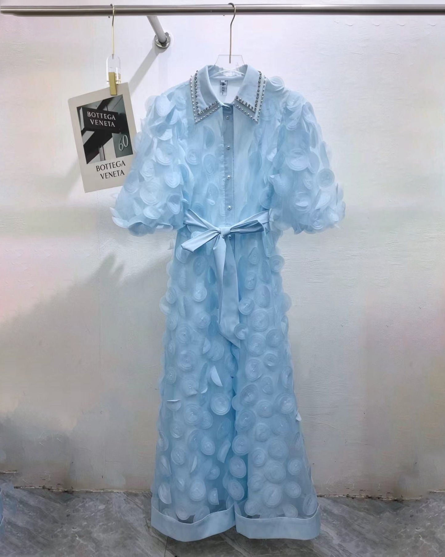Blue Beaded Lapel Tunic Belted Maxi Shirt Dress