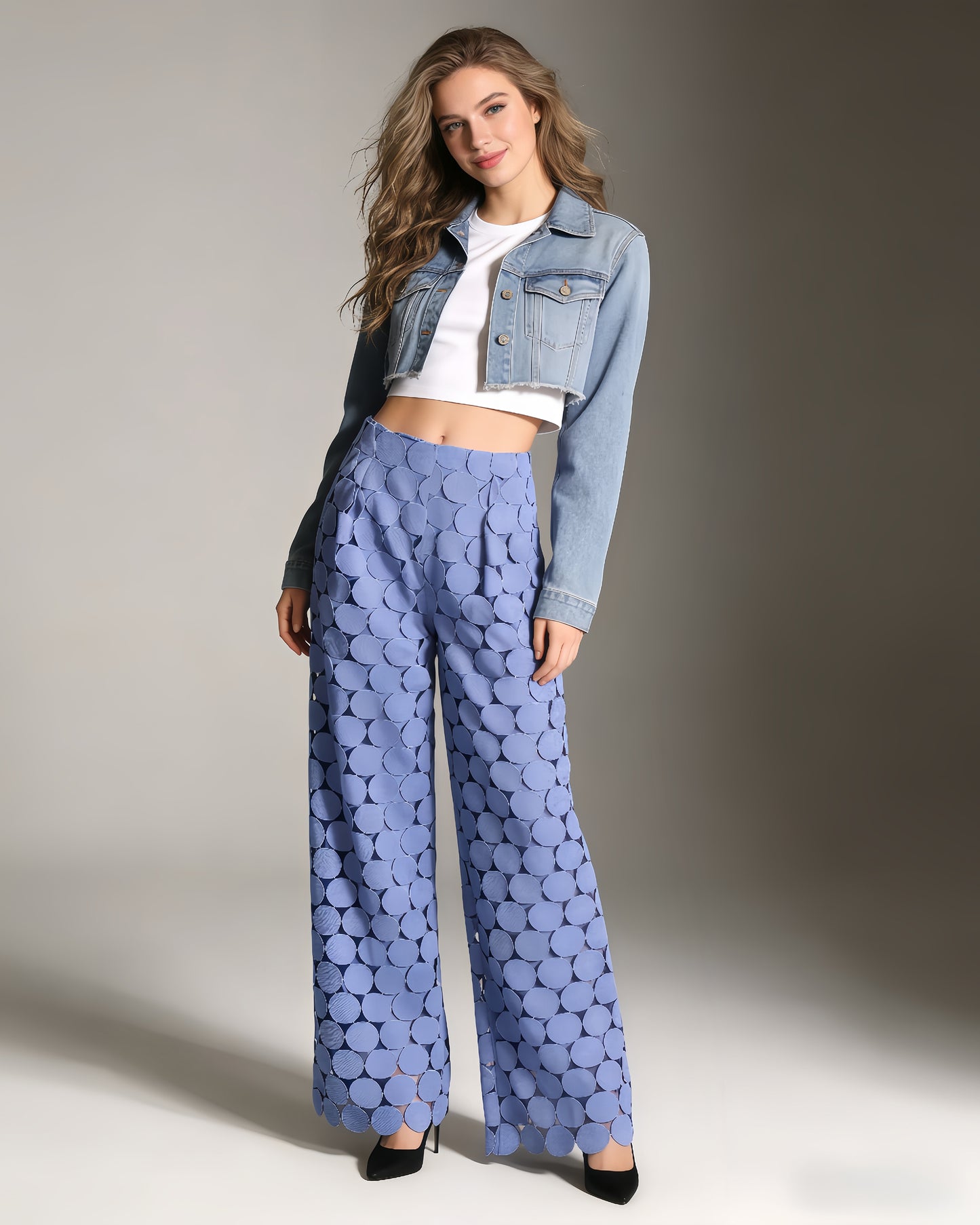 Blue Cutout Circle Wide-Leg Pants