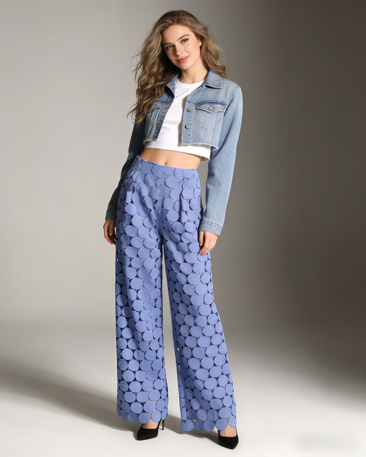 Blue Cutout Circle Wide-Leg Pants