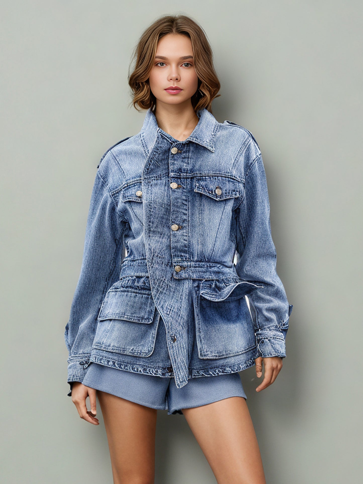 Blue Denim Jacket with Asymmetric Design & Utility Pockets