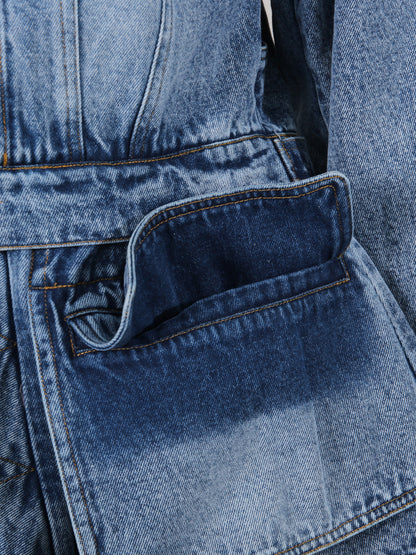 Blue Denim Jacket with Asymmetric Design & Utility Pockets