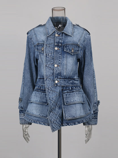 Blue Denim Jacket with Asymmetric Design & Utility Pockets