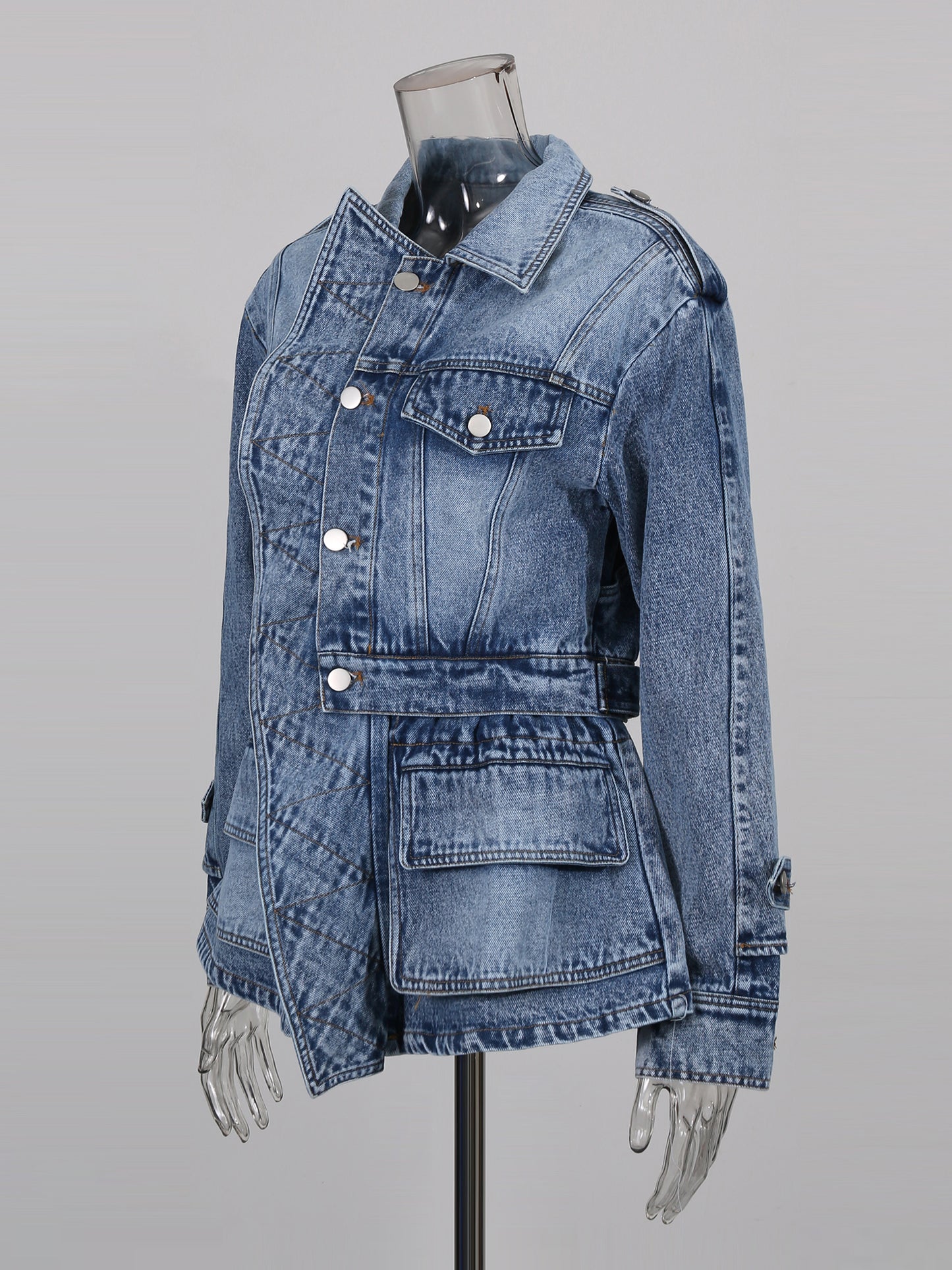 Blue Denim Jacket with Asymmetric Design & Utility Pockets
