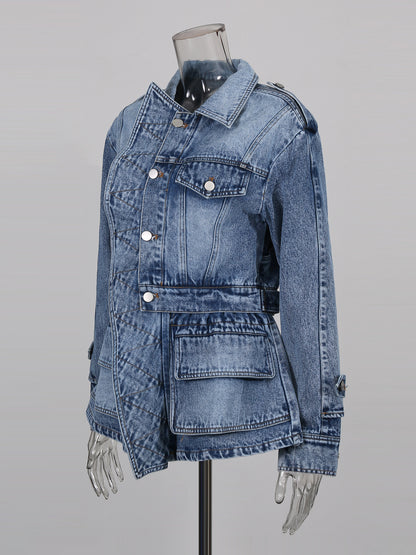 Blue Denim Jacket with Asymmetric Design & Utility Pockets