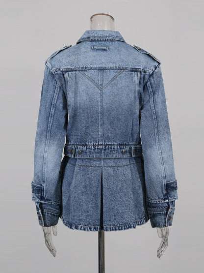 Blue Denim Jacket with Asymmetric Design & Utility Pockets