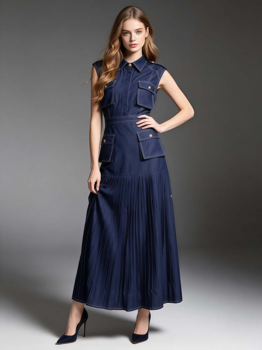 Blue Denim Sleeveless Pleated Maxi Dress