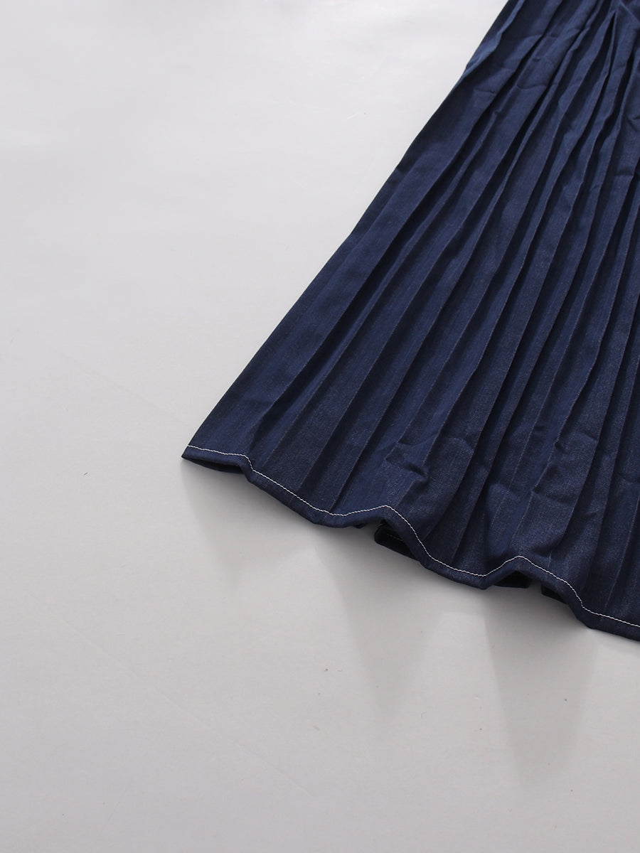 Blue Denim Sleeveless Pleated Maxi Dress