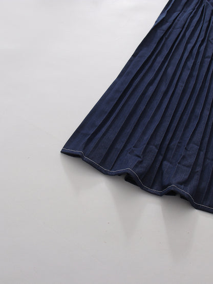 Blue Denim Sleeveless Pleated Maxi Dress