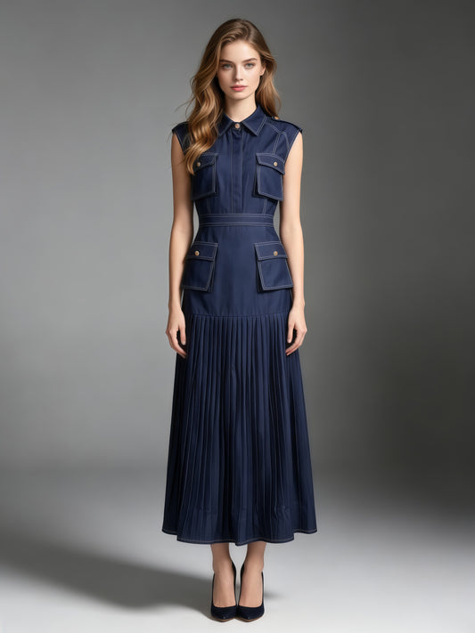 Blue Denim Sleeveless Pleated Maxi Dress