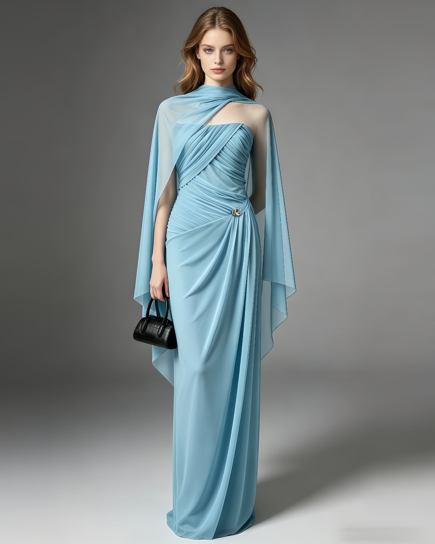 Blue Draped Chiffon Cape Evening Gown