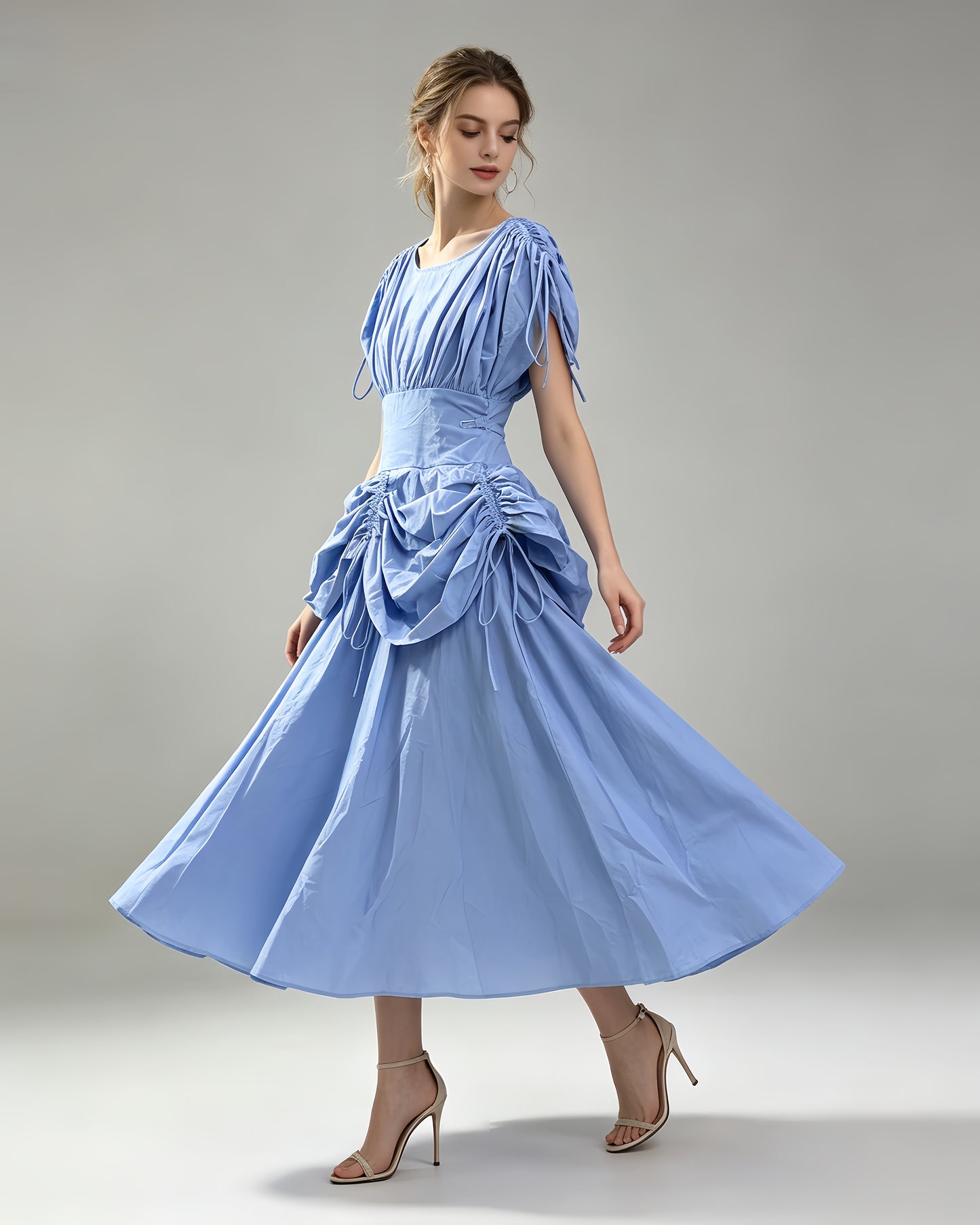 Blue Drawstring Ruched Midi Dress