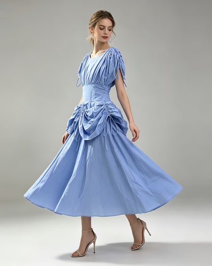 Blue Drawstring Ruched Midi Dress