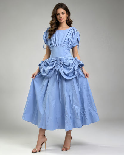 Blue Drawstring Ruched Midi Dress