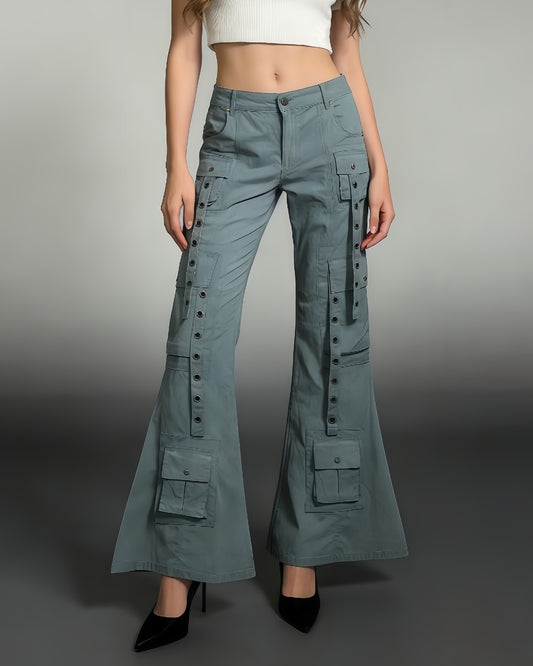 Blue Flared Cargo Pants with Snap Buttons