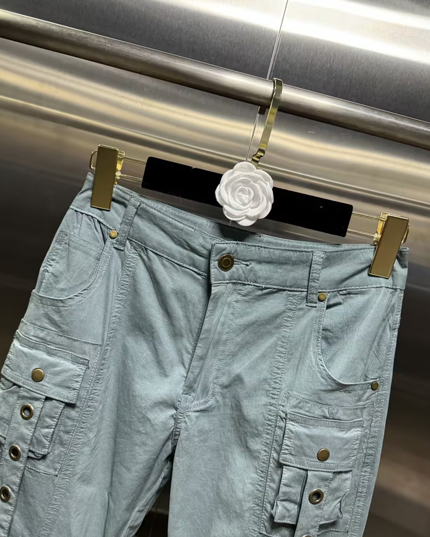 Blue Flared Cargo Pants with Snap Buttons