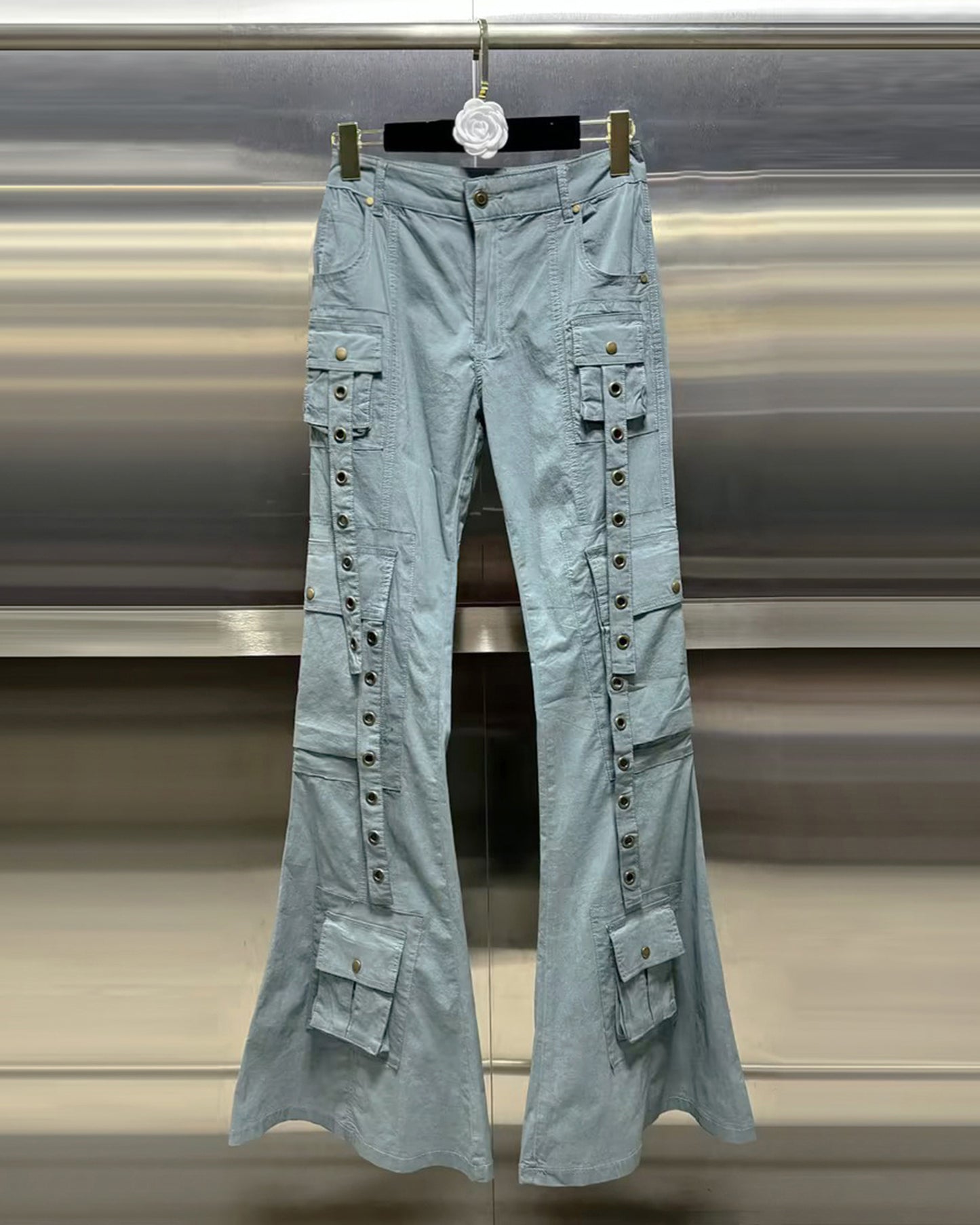 Blue Flared Cargo Pants with Snap Buttons