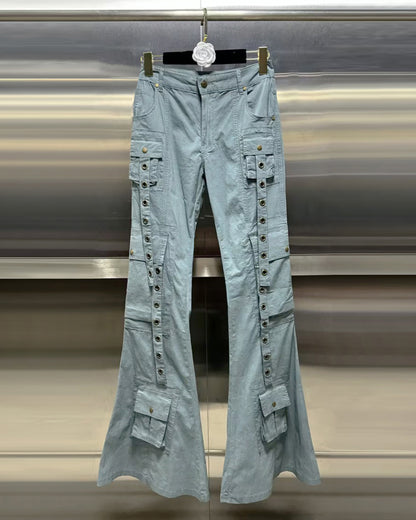 Blue Flared Cargo Pants with Snap Buttons