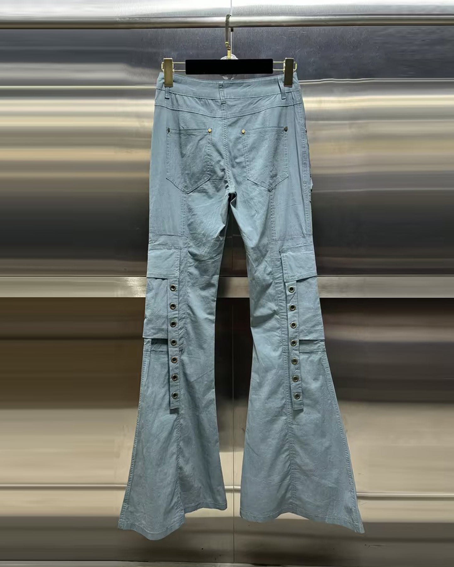 Blue Flared Cargo Pants with Snap Buttons
