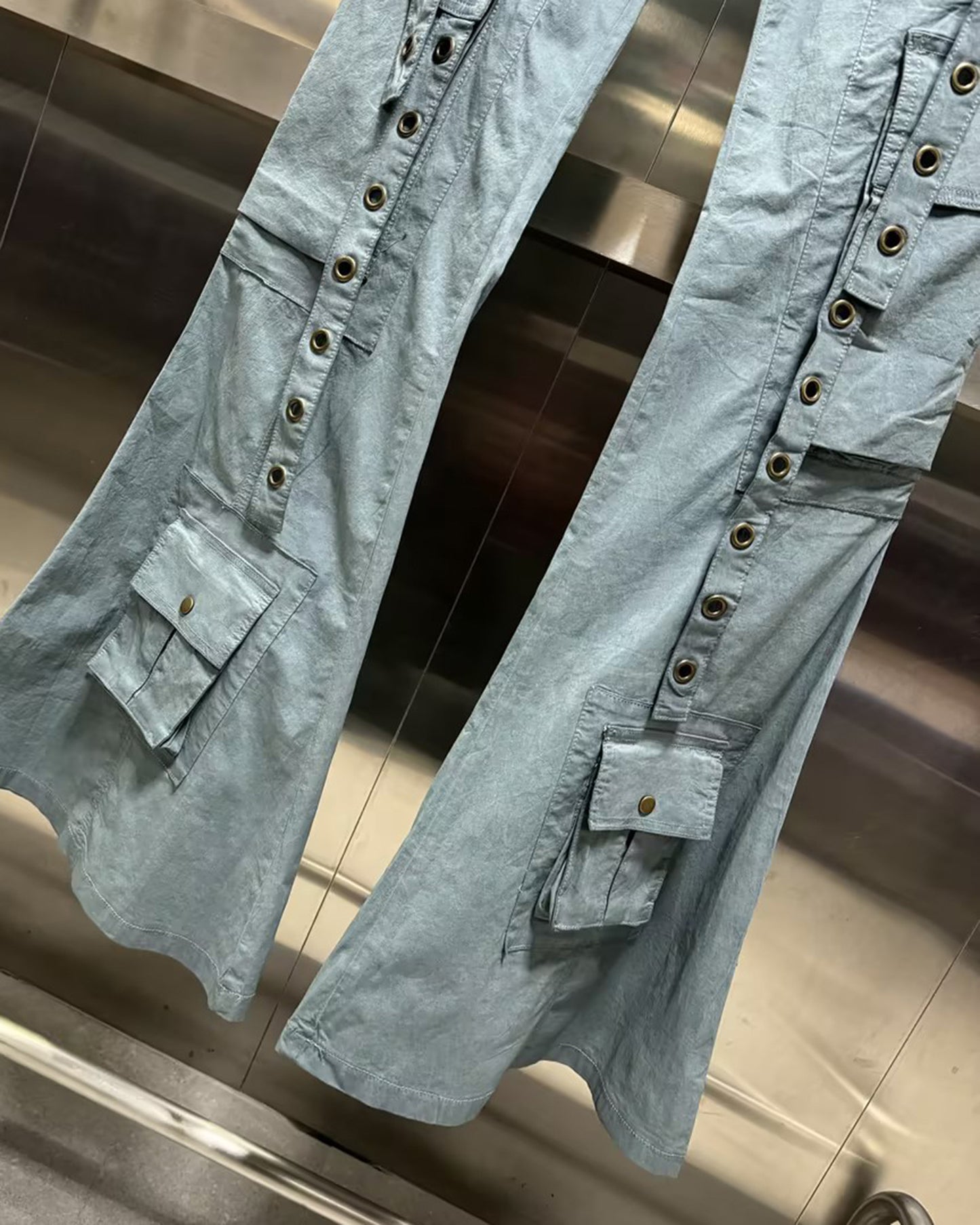 Blue Flared Cargo Pants with Snap Buttons