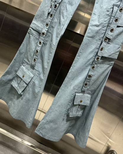 Blue Flared Cargo Pants with Snap Buttons