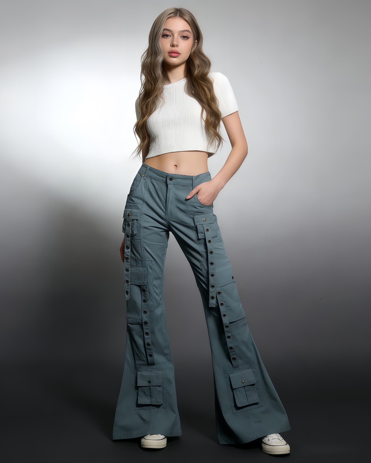 Blue Flared Cargo Pants with Snap Buttons