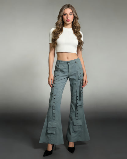 Blue Flared Cargo Pants with Snap Buttons