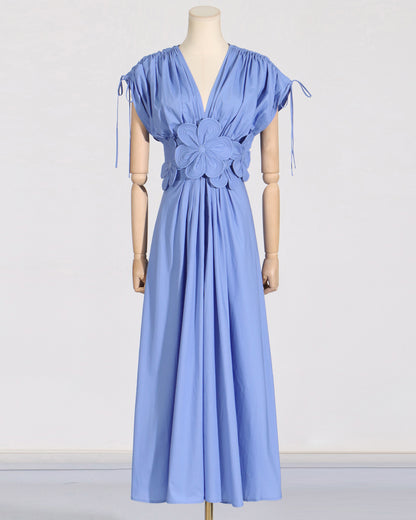 Blue Floral Applique V-Neck Maxi Dress