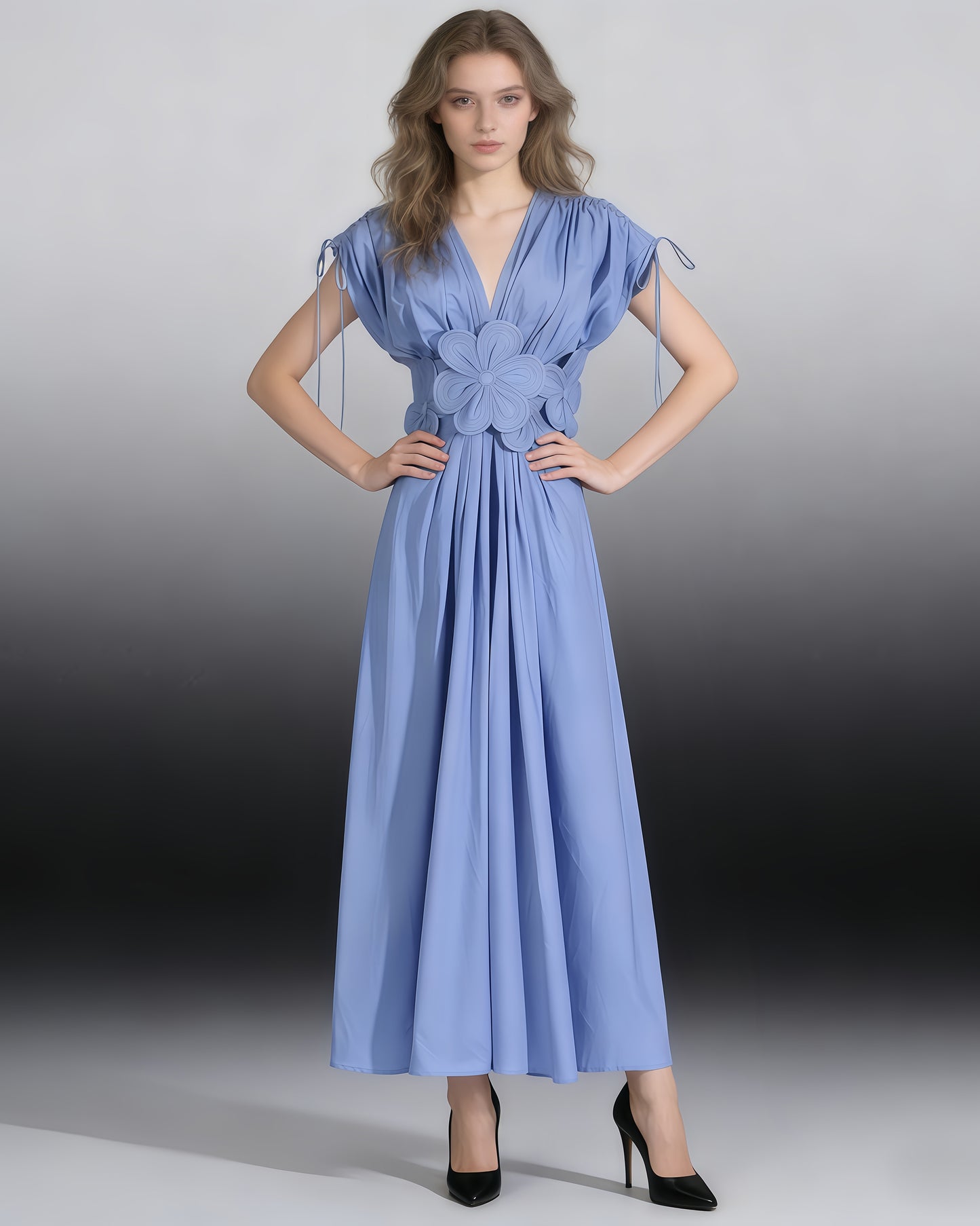 Blue Floral Applique V-Neck Maxi Dress