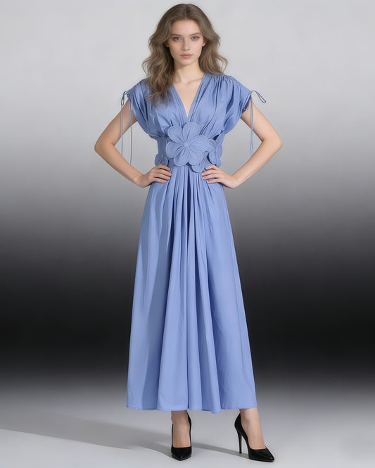 Blue Floral Applique V-Neck Maxi Dress