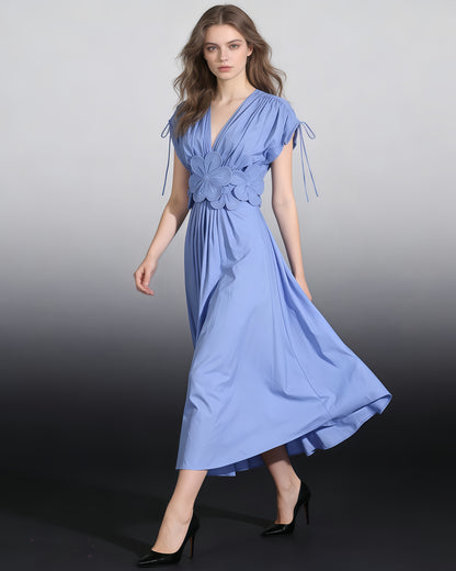 Blue Floral Applique V-Neck Maxi Dress