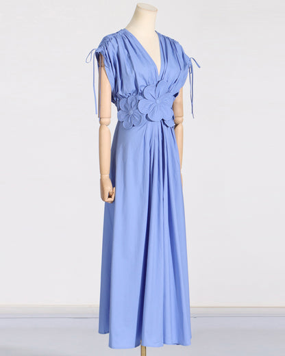 Blue Floral Applique V-Neck Maxi Dress