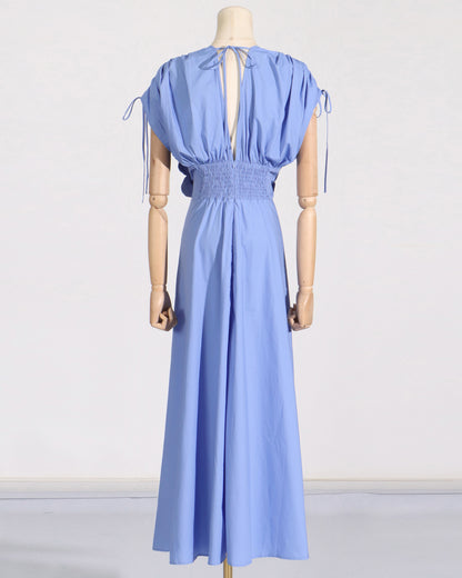 Blue Floral Applique V-Neck Maxi Dress