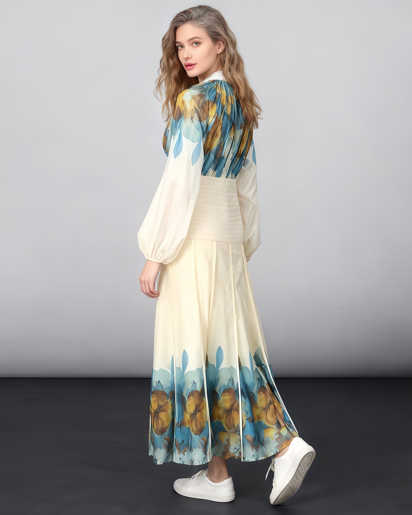 Blue Floral Blouse & Maxi Skirt Set