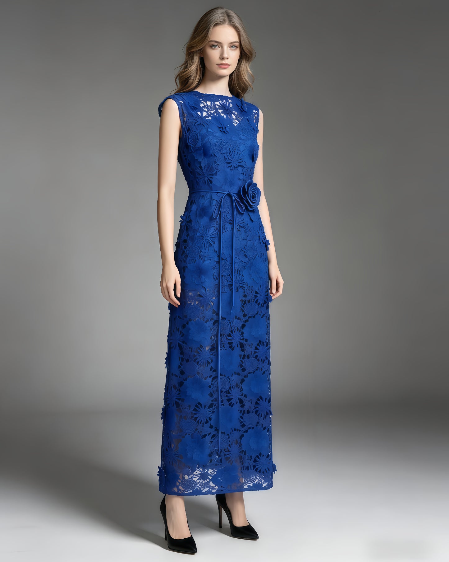 Blue Floral Lace Midi Dress